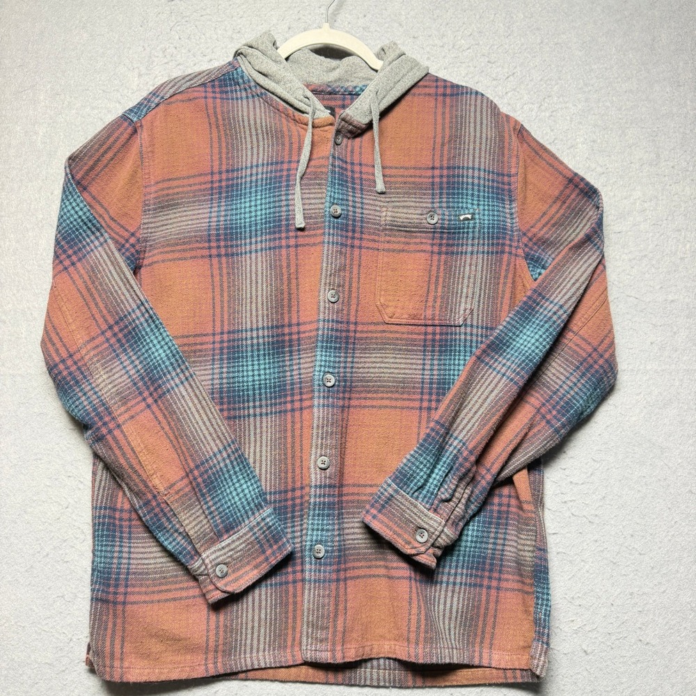 Billabong Mens Hooded Flannel Shirt Orange Blue Plaid Long Sleeve Large